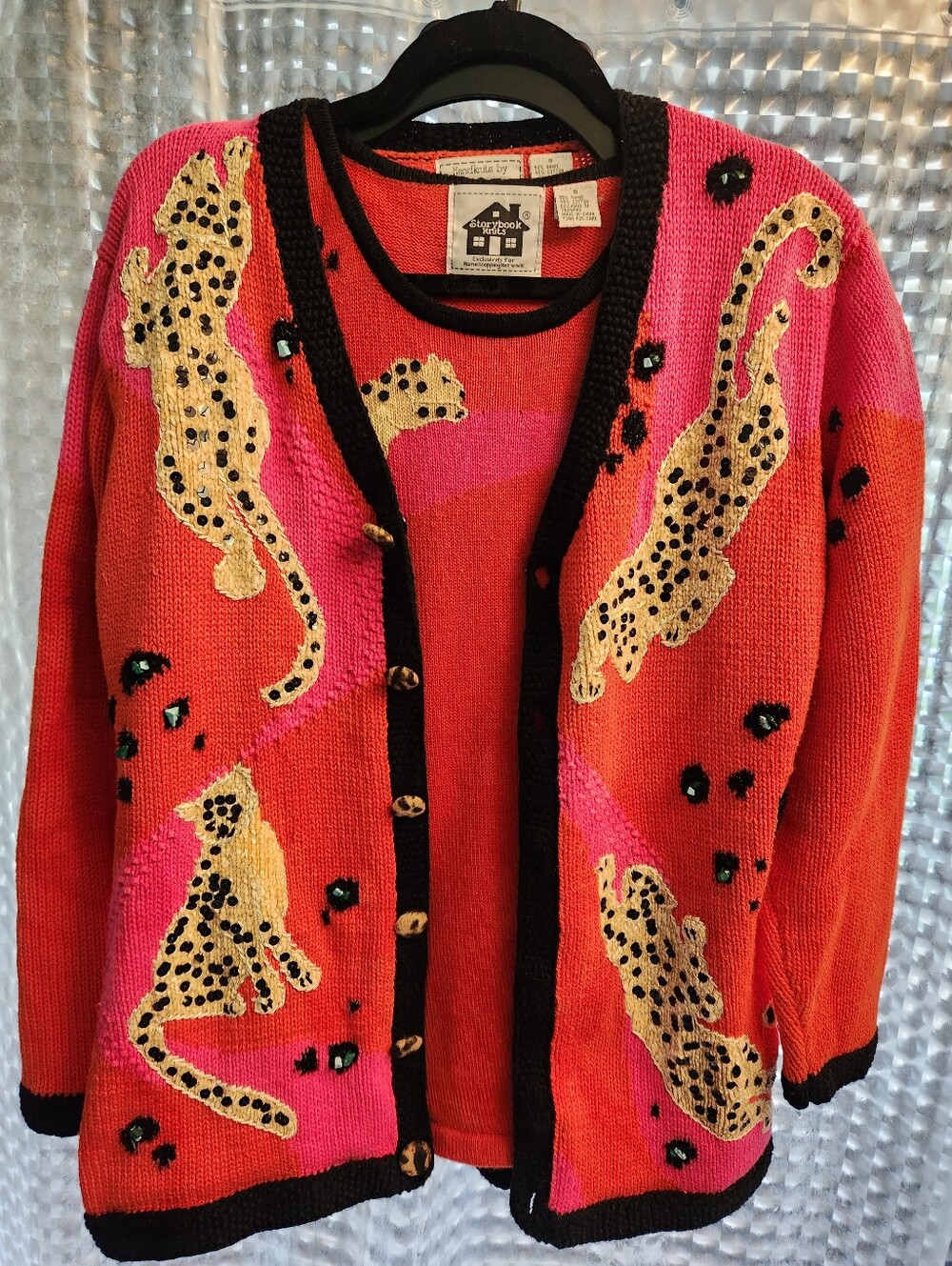 Vtg Storybook Knits Leopard Intarsia TWIN SET cardigan & shell